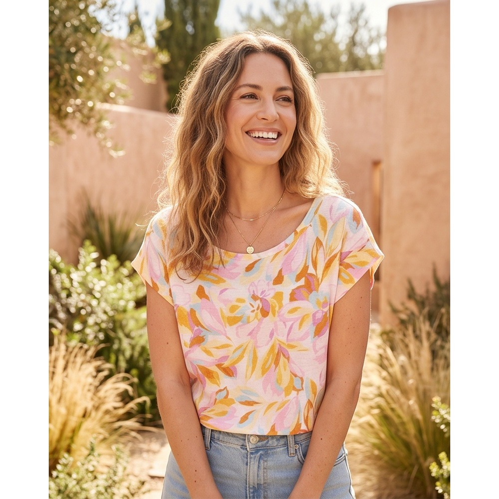 Joie Womens Large Floral Linen Short Sleeve Top Pink Yellow Blue‎
